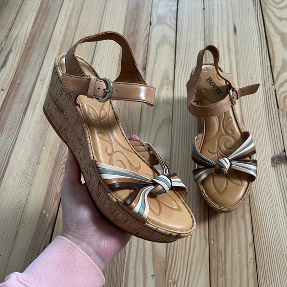 Born Shoes - Born D58141 Tan Leather Cork Wedge Sandals Multi Color Knot Ankle Strap Womens 9
